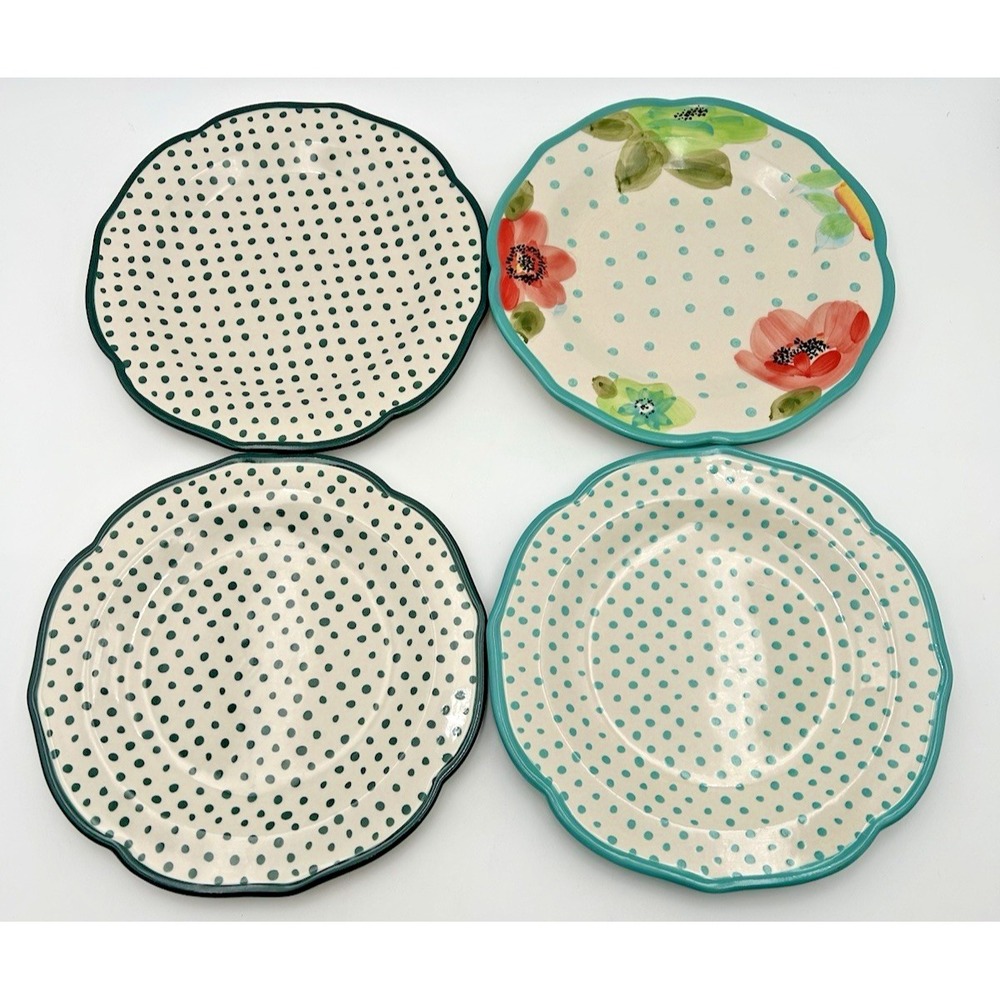 Four (4) Pioneer Woman Retro Polka Dot 10" Dinner Plate Stoneware Teal And Green